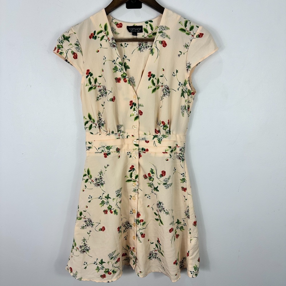 Topshop Floral Button Front Mini Dress Womens 4 Romantic Whimsical Fairy Cottage